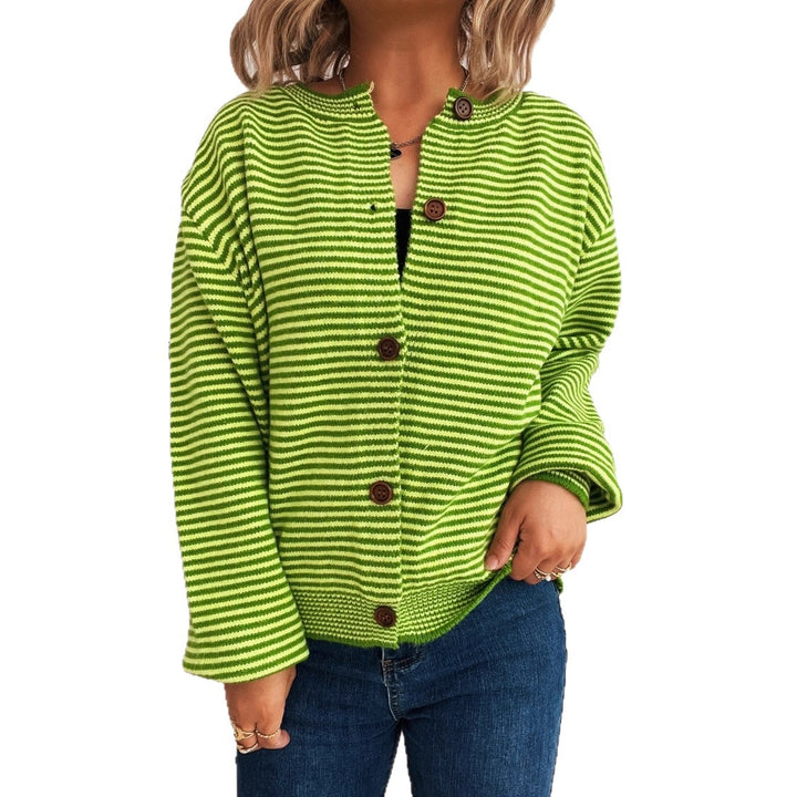 Damen gestreifter Strickcardigan mit hohem Kragen und dekorativen Knöpfen Drune