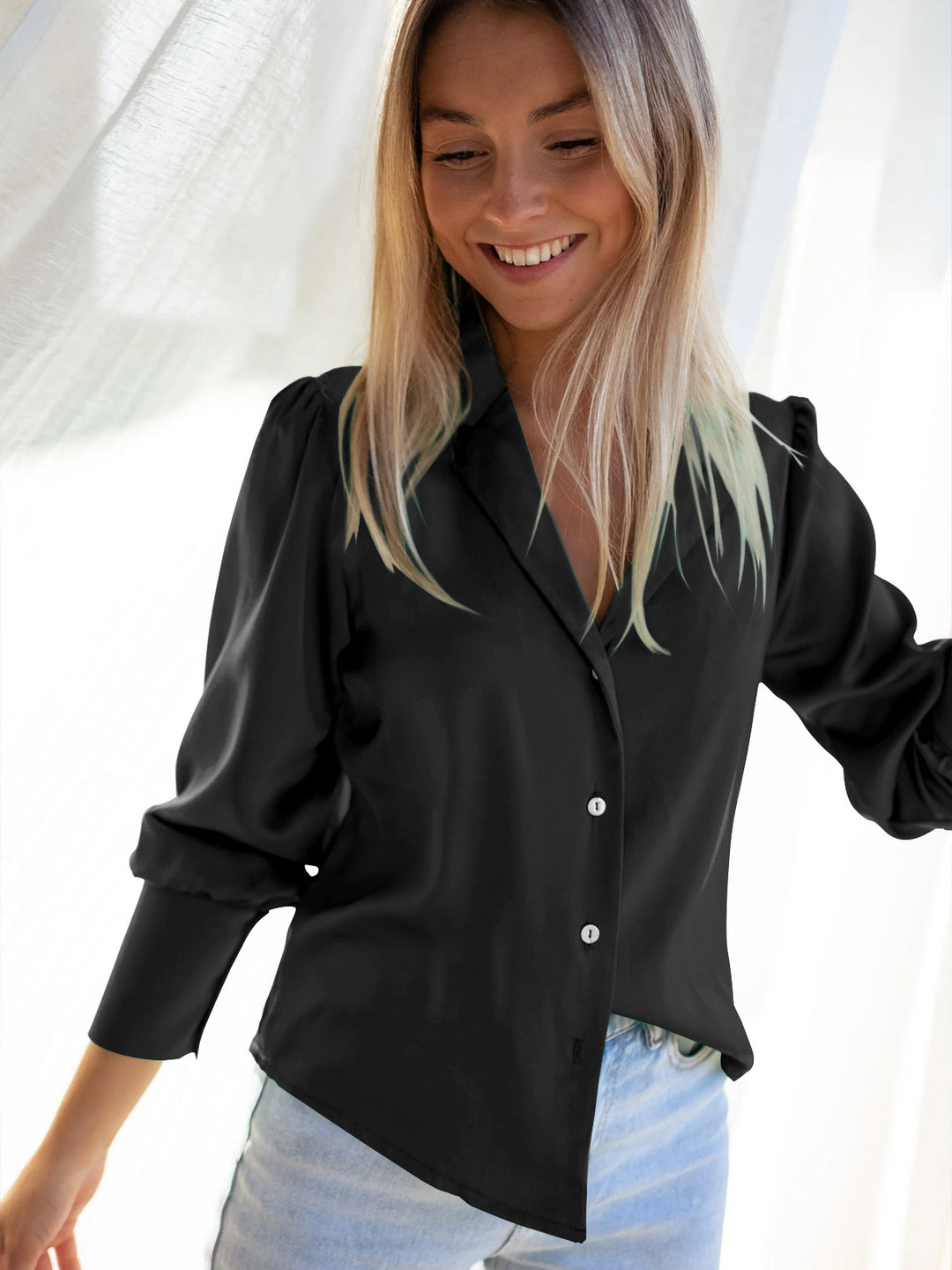 Damen Elegante Seidenbluse mit tiefem V-Ausschnitt und klassischem Kragen Drune
