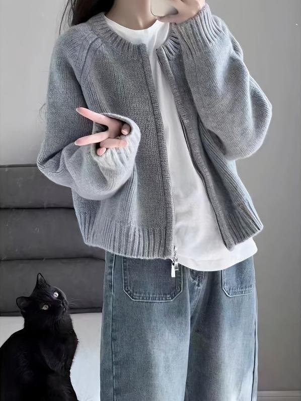 Damen Stilvolle und gemütliche Strickjacke mit Reißverschluss Drune
