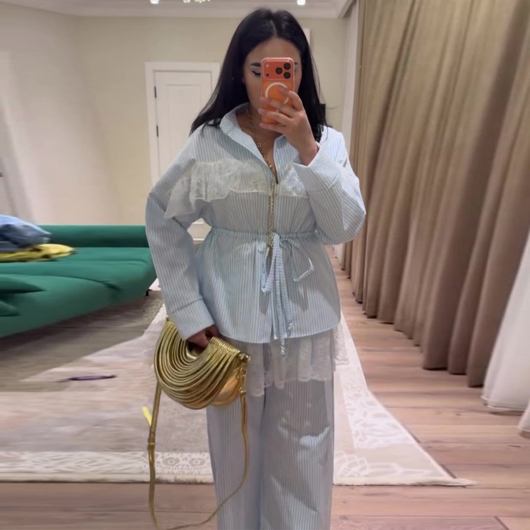 Damen Lässig-elegantes Set mit Rüschendetails und hohem Bund Drune