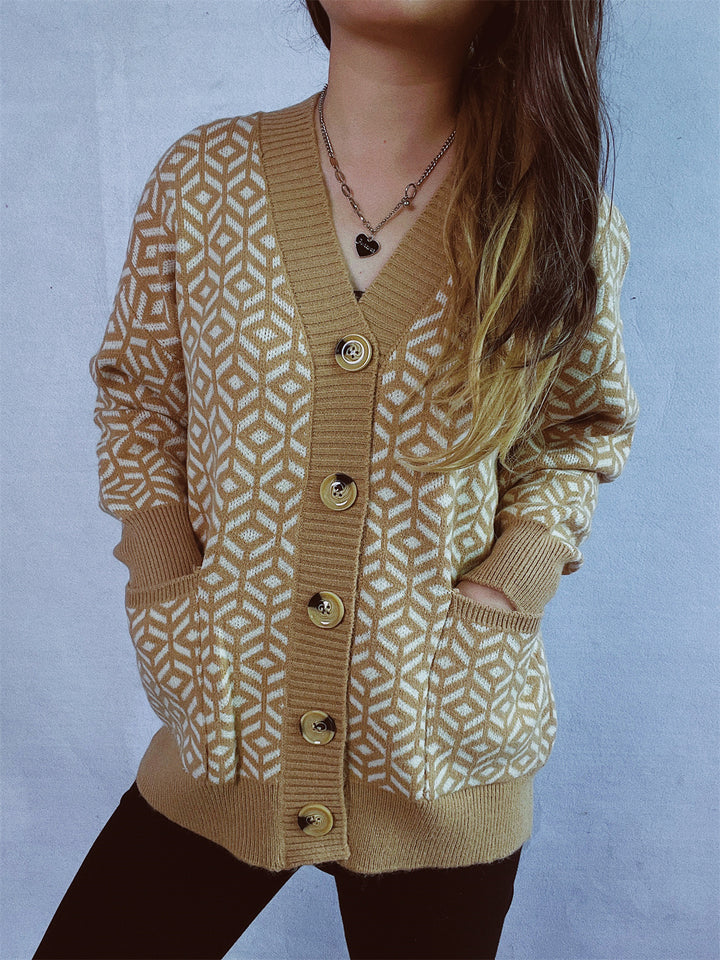 Damen Strickjacke mit geometrischem Muster und Knopfdetails Drune