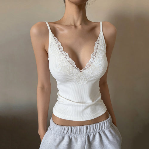 Damen Elegantes Top mit Spitzenverzierung und tiefem V-Ausschnitt Drune