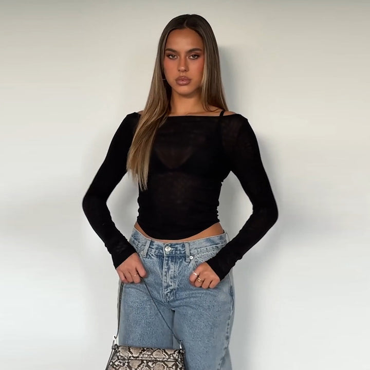 Damen Langarm-Top mit transparentem Netzdesign und schulterfreier Optik Drune