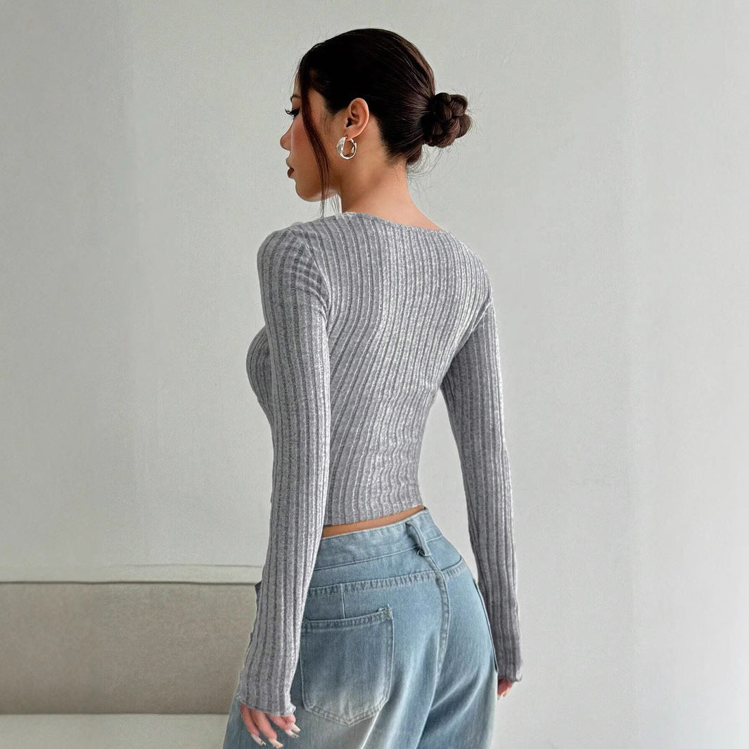 Damen Langarm Crop-Top mit tiefem V-Ausschnitt und Rippstruktur Drune