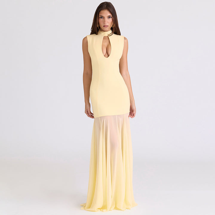 Damen Elegantes Maxikleid mit tiefem V-Ausschnitt und transparenter Tüllschicht Drune