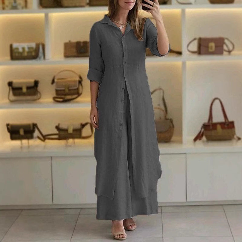 Damen nan langes Leinen-Hemdblusenkleid mit durchgehender Knopfleiste, Hemdkragen und dezentem A-Linien-Schnitt Drune