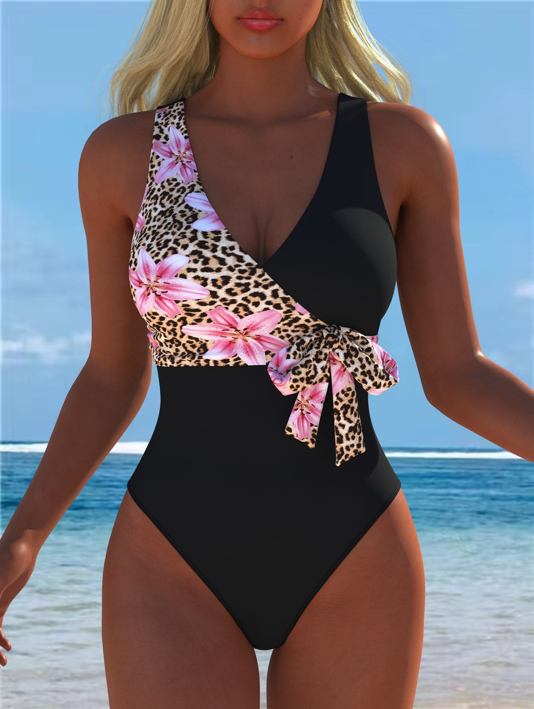 Damen Einteiliger Badeanzug mit floralem Wickeldesign und trendigem Leopardenmuster Drune