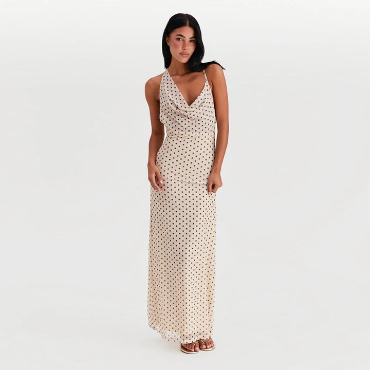 Damen Maxikleid mit elegantem Wasserfallausschnitt und Punktedesign Drune