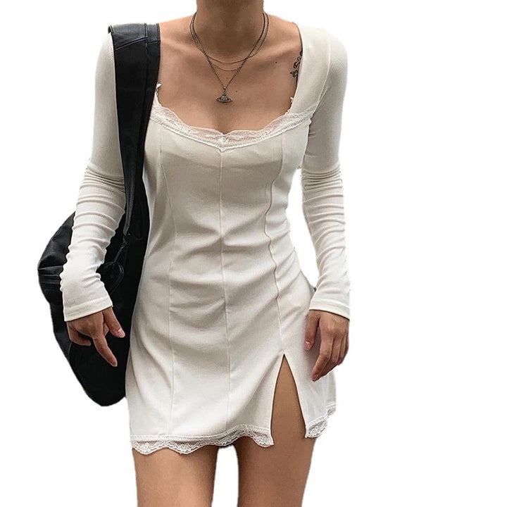 Damen figurbetontes Langarmkleid mit Spitzenakzenten und sexy Schlitz Drune