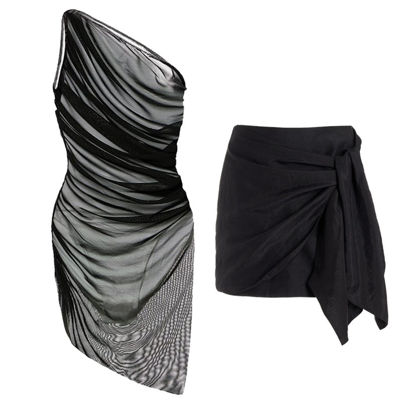 Damen elegantes Wickelkleid mit asymmetrischem Schnitt Drune