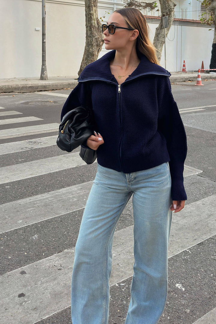 Damen kuschelige Strickjacke mit hohem Kragen und Reißverschluss Drune