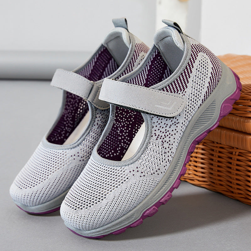 Damen nan gestrickter Mary-Jane-Sneaker mit Klettverschluss, atmungsaktivem Obermaterial und dämpfender Profilsohle Drune