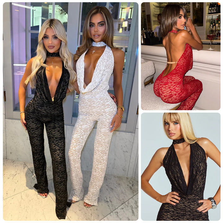 Damen Jumpsuit aus feiner Spitze mit tiefem V-Ausschnitt und eleganter Rückenpartie Drune