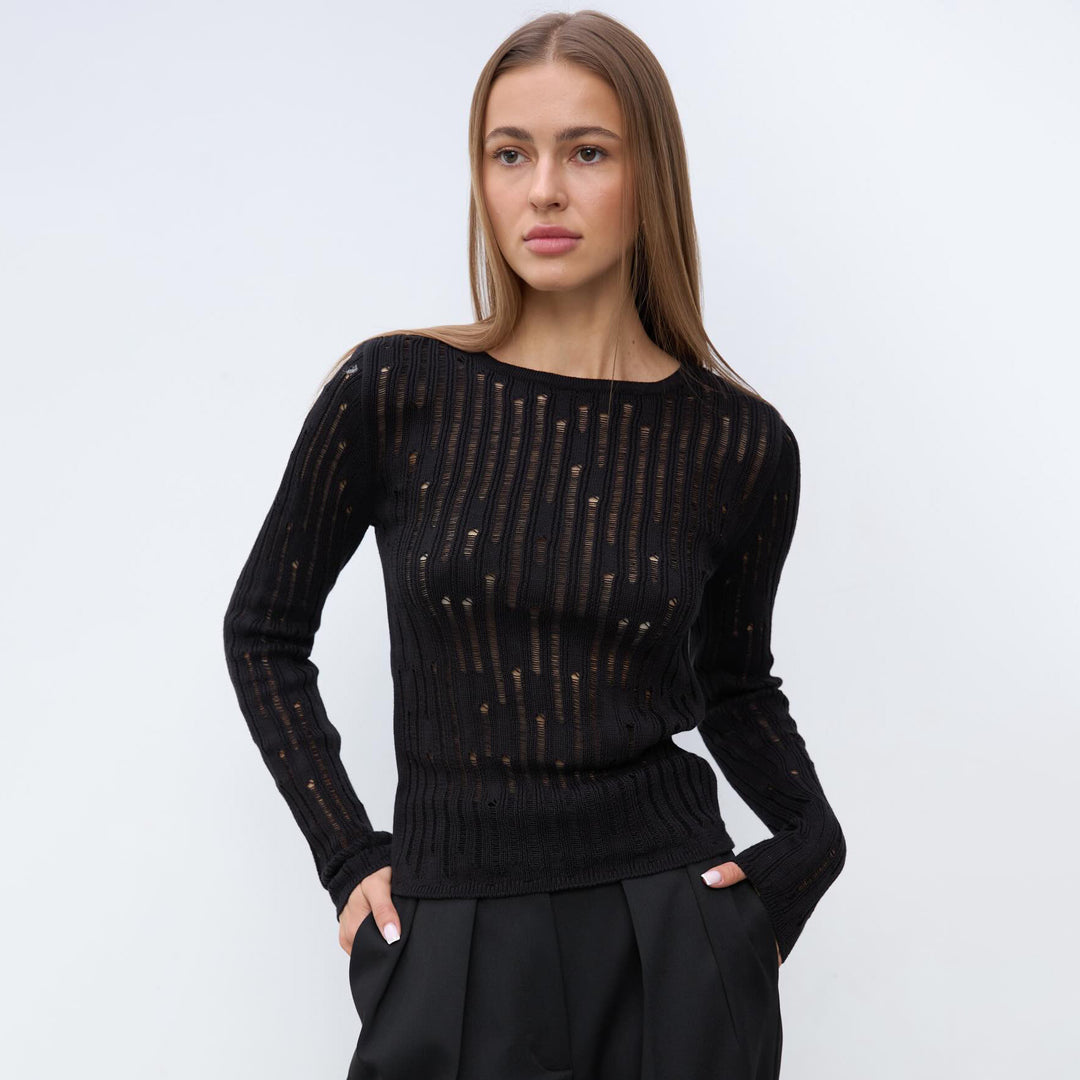 Damen eleganter Strickpullover mit raffiniertem Lochmuster und minimalistischen Details Drune