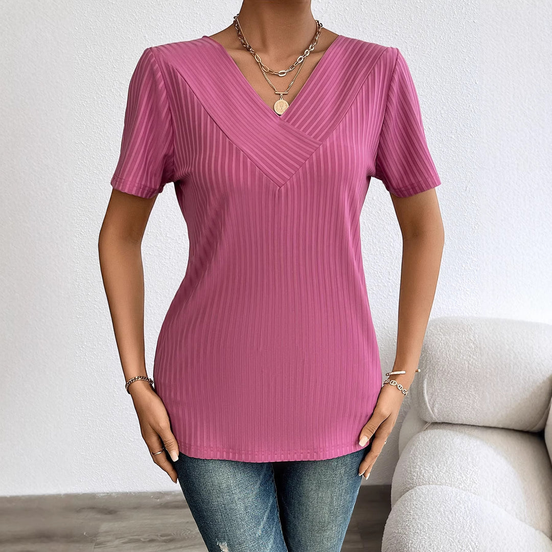 Damen lässiges V-Ausschnitt Shirt mit fließendem Design und kurzen Ärmeln Drune
