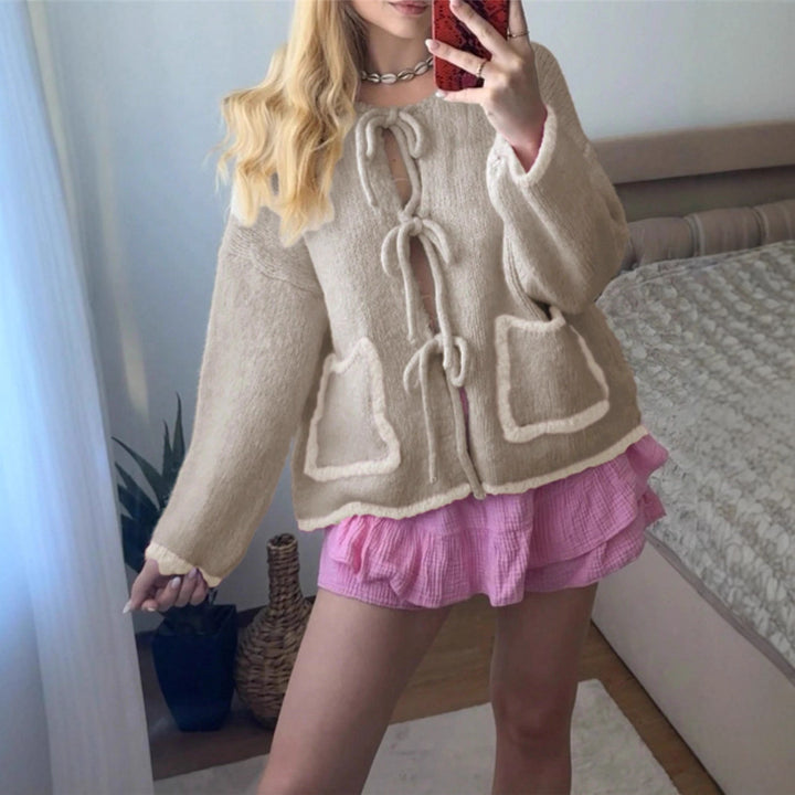 Damen lässige Strickjacke mit einzigartigem Bindungsdetail und großen Taschen Drune