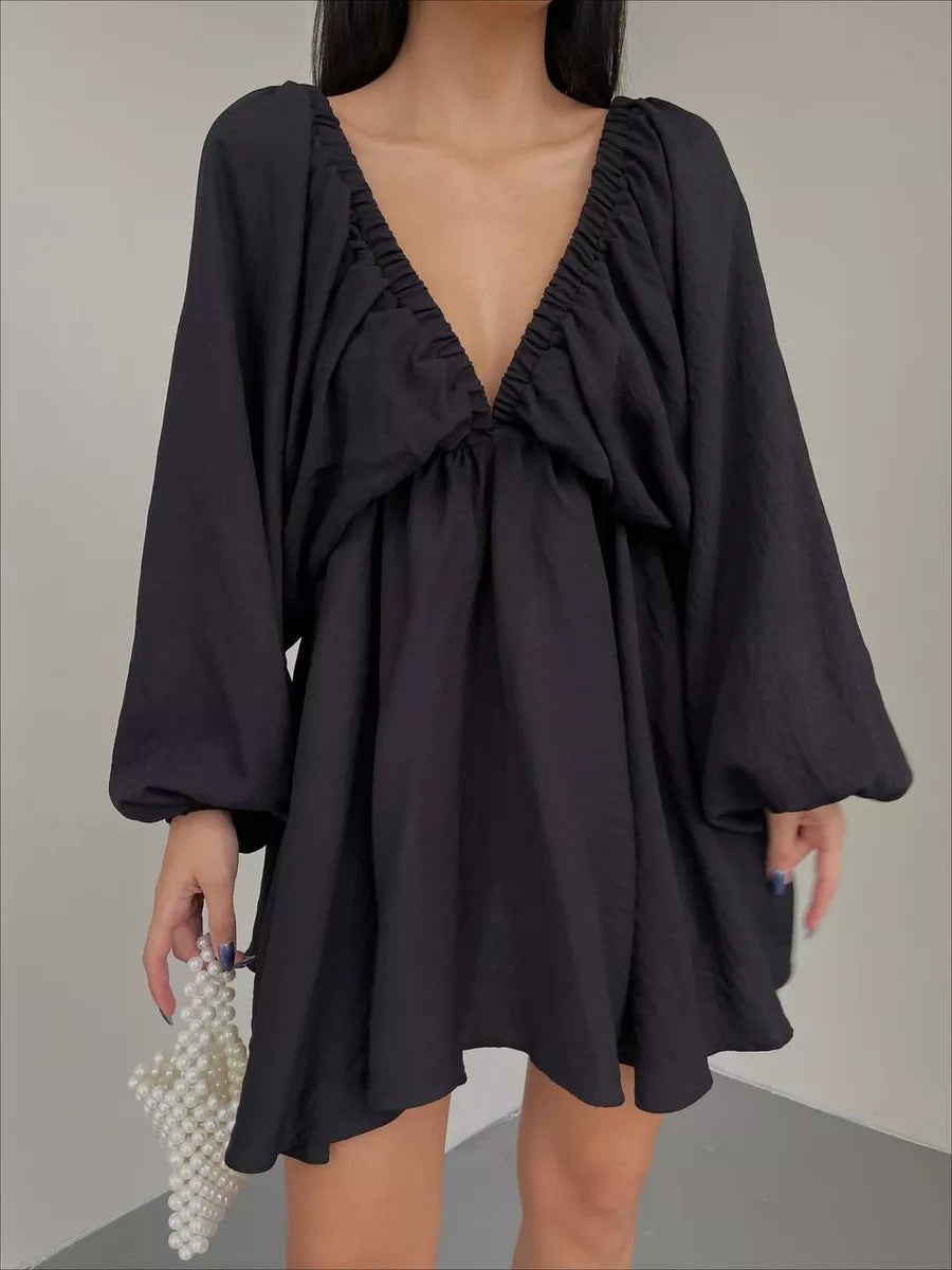Damen lässiges Babydoll-Kleid mit schulterfreiem Ausschnitt und langen Puffärmeln Drune