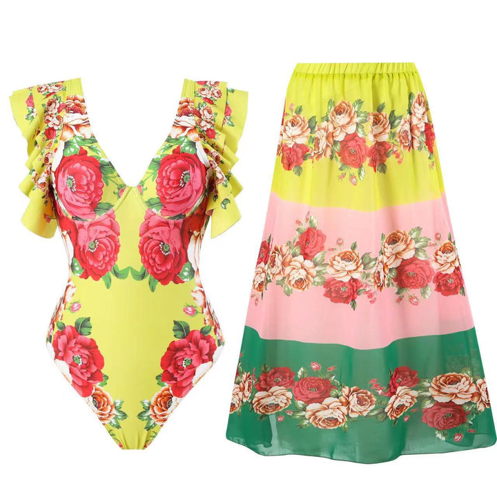 Damen Badeanzug mit modischen Rüschendetails und floralem Wickelrock Drune