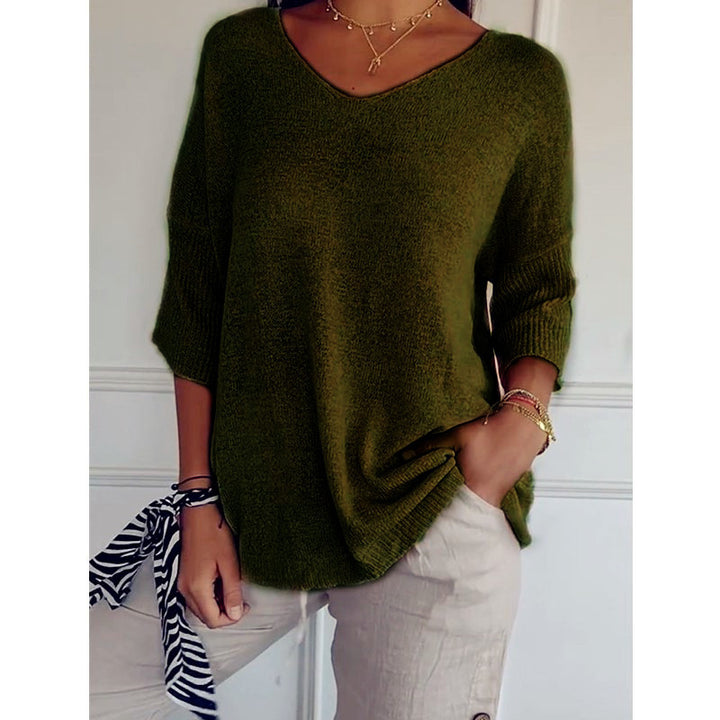 Damen nan locker sitzender V-Ausschnitt Feinstrickpullover mit dreiviertelÄrmeln Drune