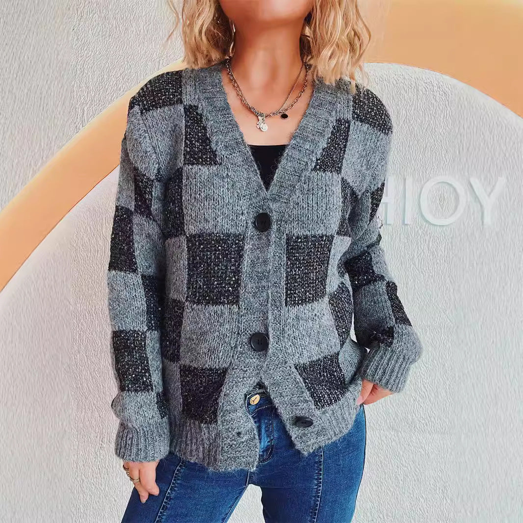 Damen lässige Strickjacke mit modernem Karomuster und hochwertigen Knopfdetails Drune