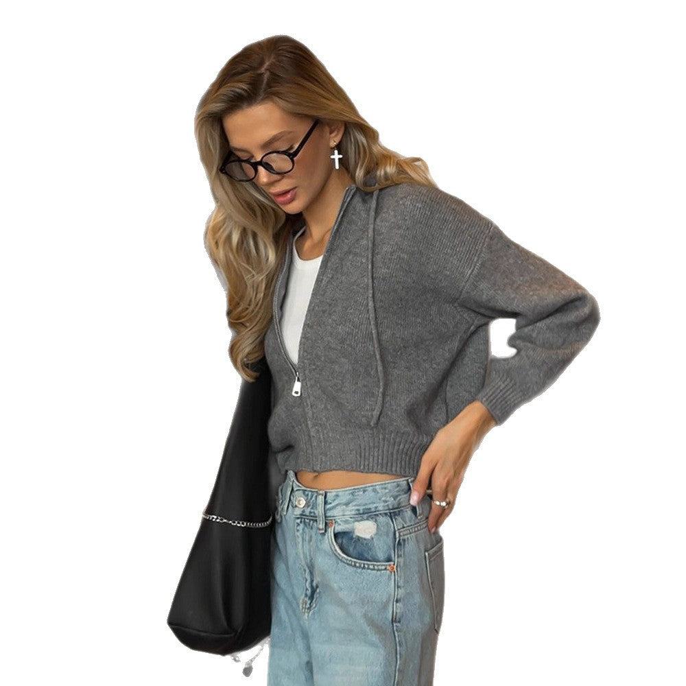 Damen lässiger Zip-Hoodie mit weichem Strick und lässiger Passform Drune