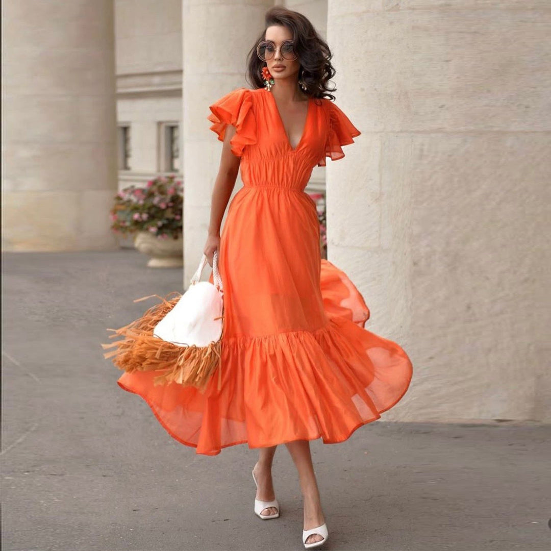 Damen Midi-Kleid mit voluminösen Rüschen und schmeichelndem Schnitt Drune