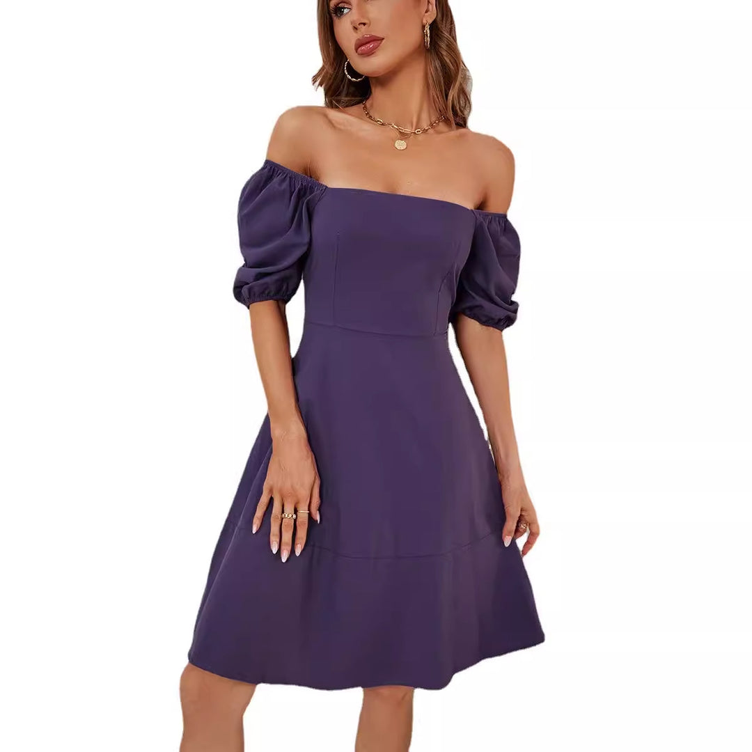 Damen Elegantes Off-Shoulder Kleid mit voluminösen Puffärmeln und asymmetrischem Schnitt Drune