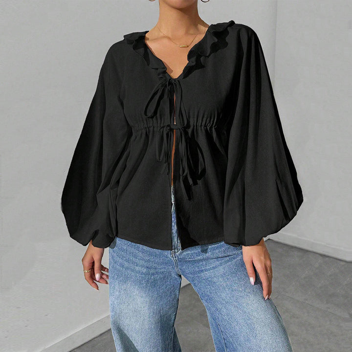 Damen blusenförmige Shirtjacke mit voluminösen Ärmeln und Rüschendetails Drune