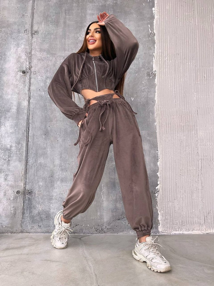 Damen Sportliches Velours-Cropped-Set mit Reißverschluss und Taillenschnitt Drune