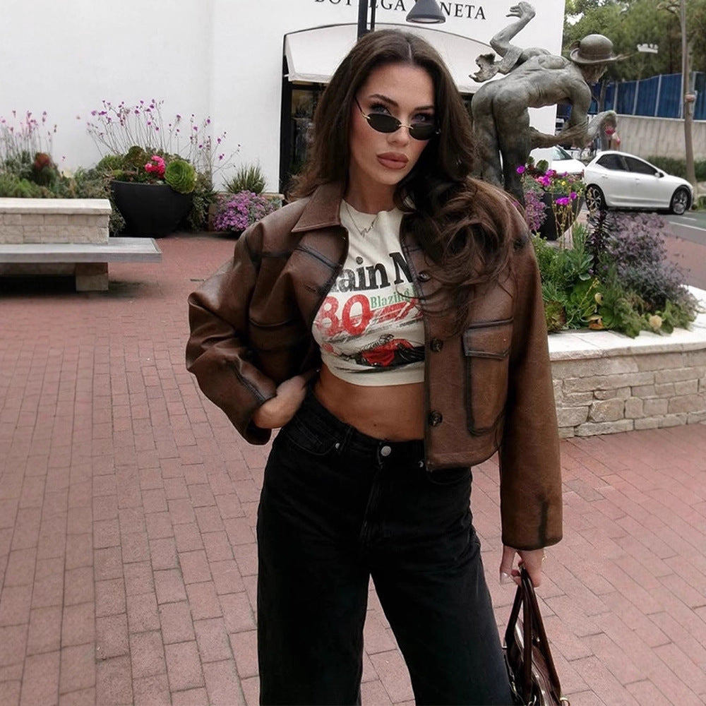 Damen cropped Kunstlederjacke mit modernem Schnitt und hochwertigen Details Drune