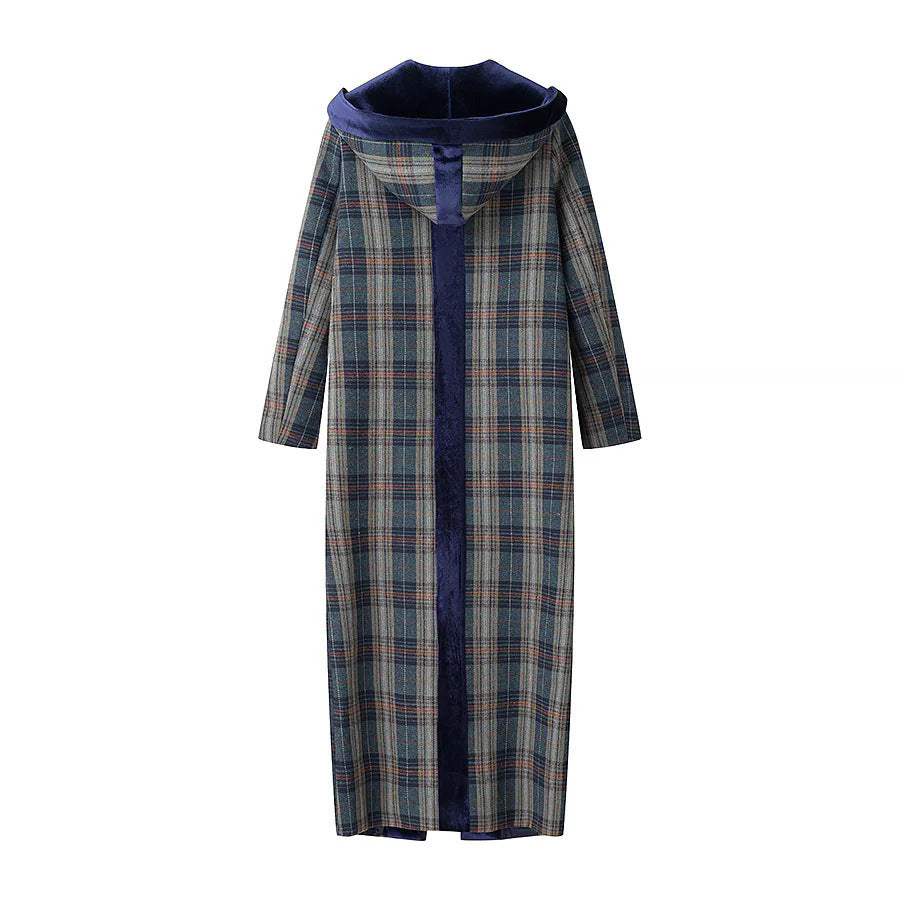 Damen Langblazer mit elegantem Karomuster und Samtkragen Drune