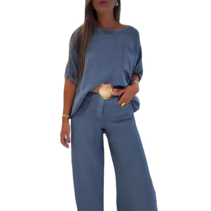 Damen nan Leinenmix-Zweiteiler mit kastigem Oversize-Shirt, Brusttasche und weiter Palazzohose Drune