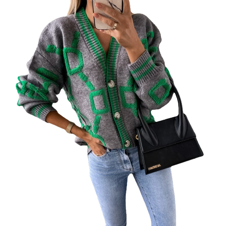 Damen modischer Cardigan mit einzigartigem geometrischen Muster und trendiger Knopfleiste Drune
