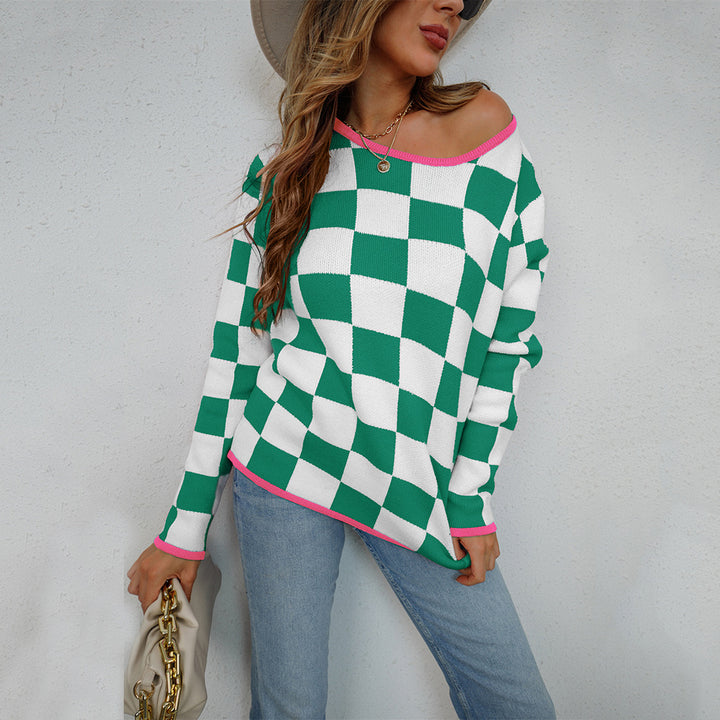 Damen lässiger Pullover mit Checkerboard-Muster Drune