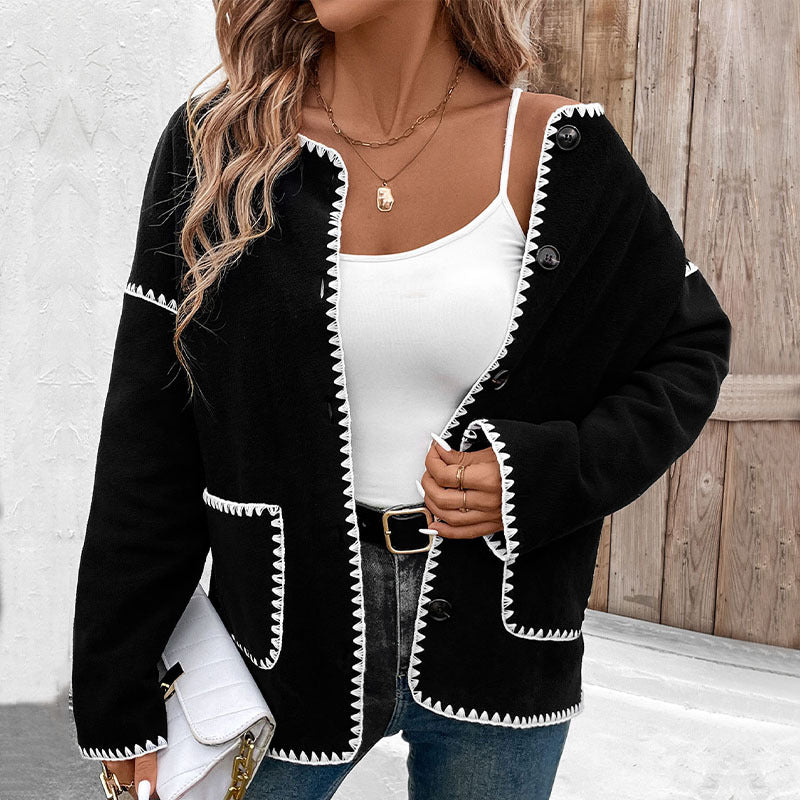 Damen Kuschelige Strickjacke mit dekorativen Kontrastnähten und praktischen Taschen Drune