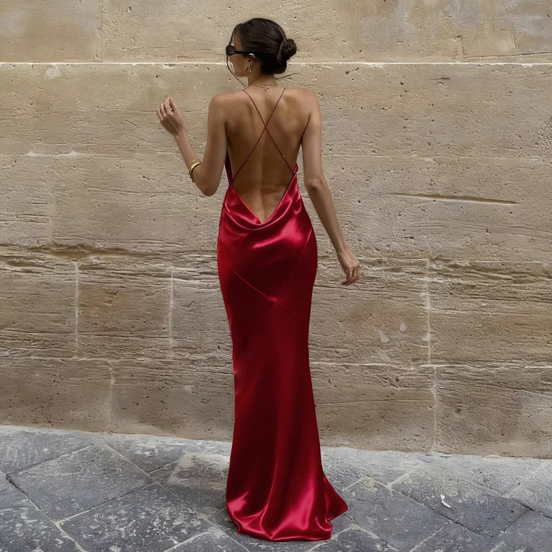 Damen Maxikleid mit tiefem V-Ausschnitt und gekreuzten Spaghettiträgern Drune