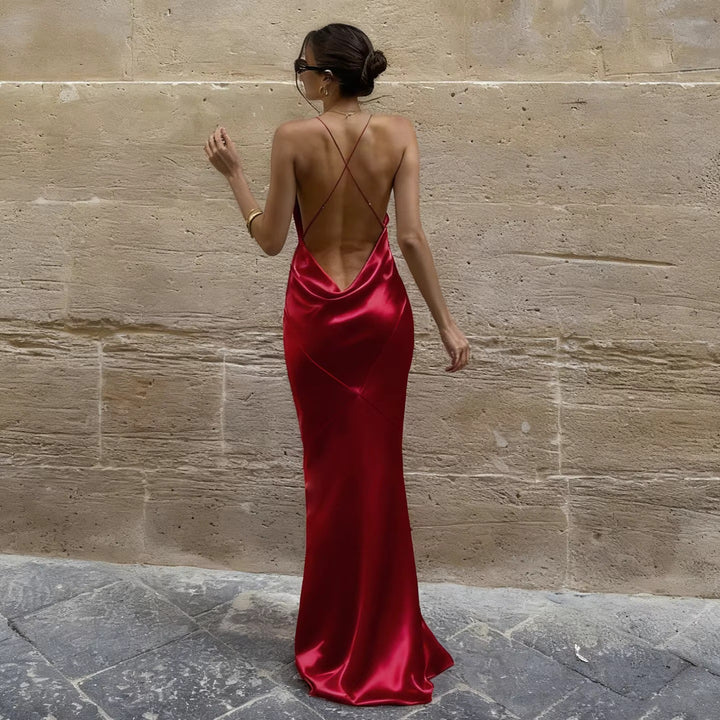 Damen Maxikleid mit tiefem V-Ausschnitt und gekreuzten Spaghettiträgern Drune