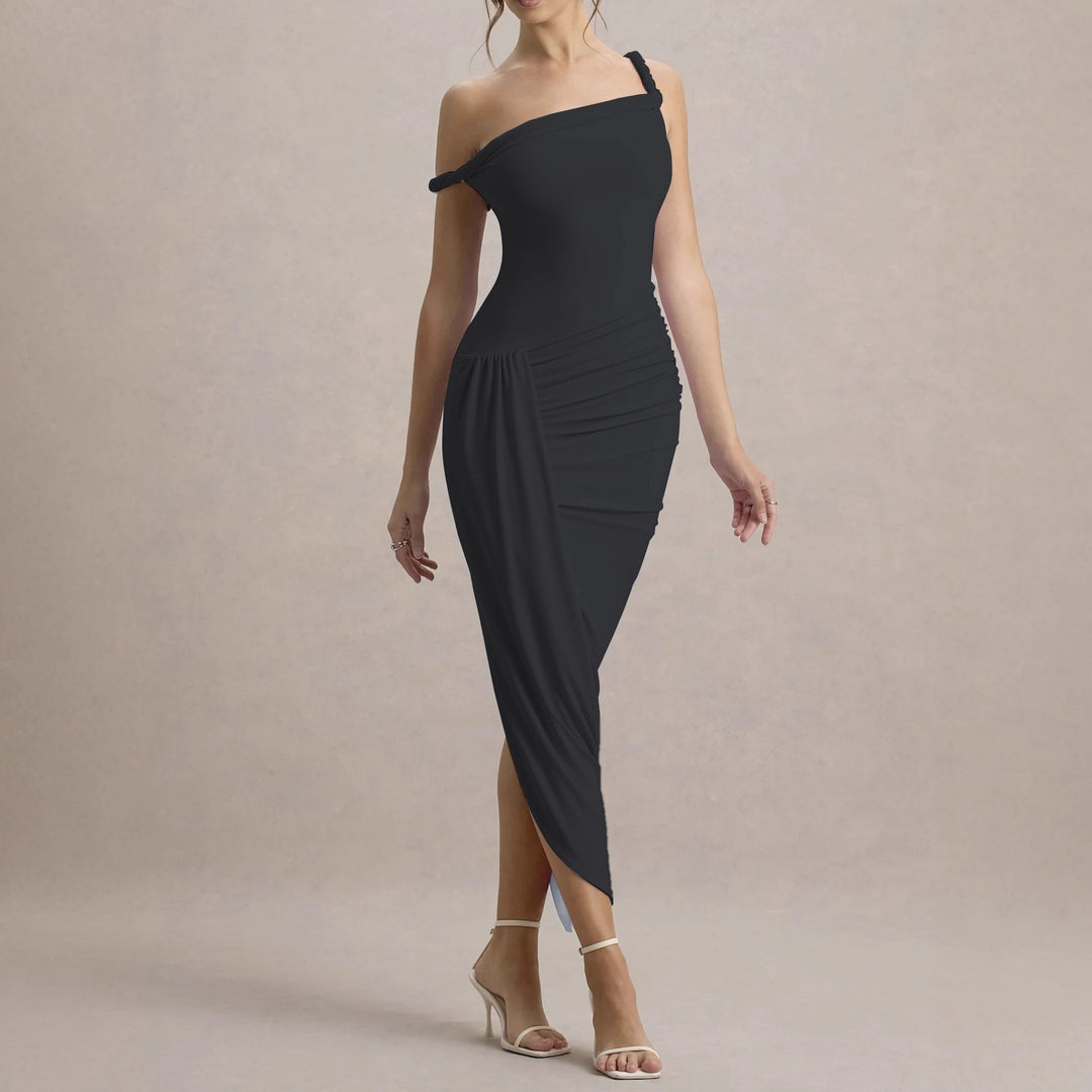 Damen elegantes asymmetrisches Maxikleid mit Raffungen Drune