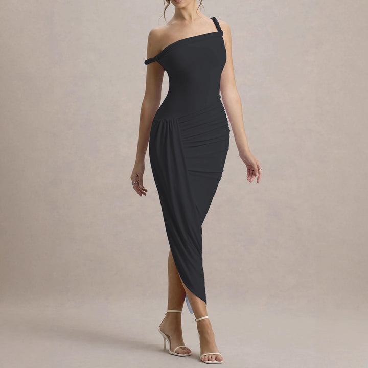 Damen elegantes asymmetrisches Maxikleid mit Raffungen Drune