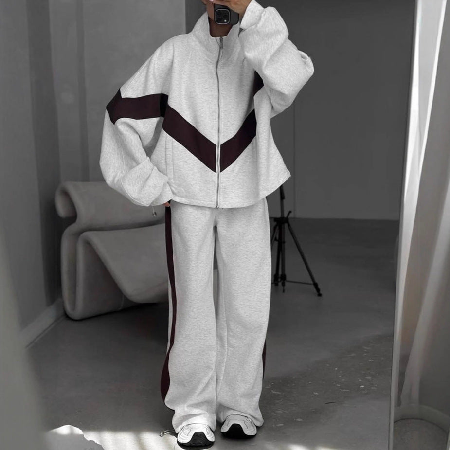 Damen Sportlicher Jogginganzug mit hohem Kragen und markanten Kontraststreifen Drune