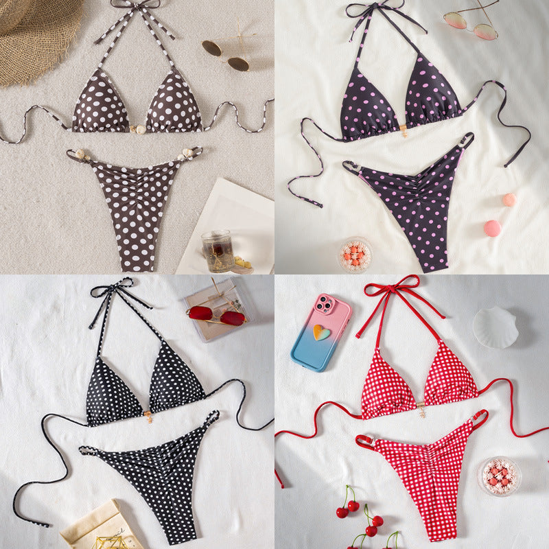 Damen Triangel-Bikini mit modischem Punktedesign und goldener Verschlussdetails Drune