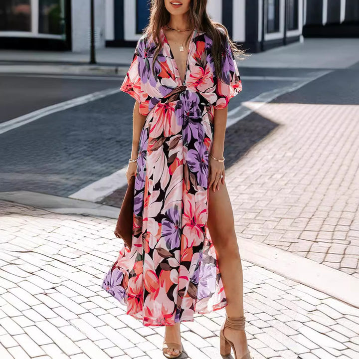 Damen Maxikleid mit floralem Wickeldesign und tiefem V-Ausschnitt Drune