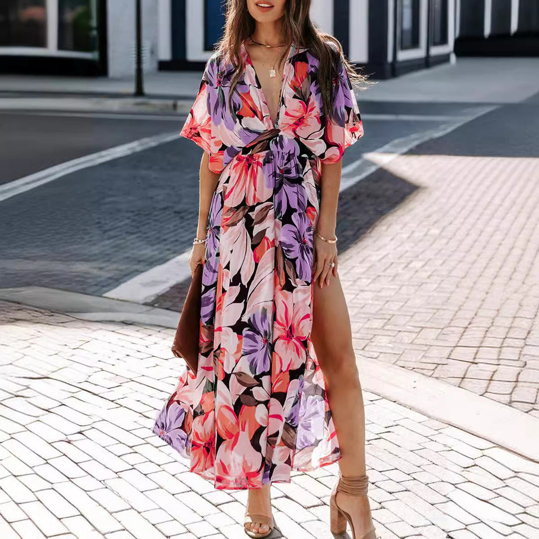Damen Maxikleid mit floralem Wickeldesign und tiefem V-Ausschnitt Drune
