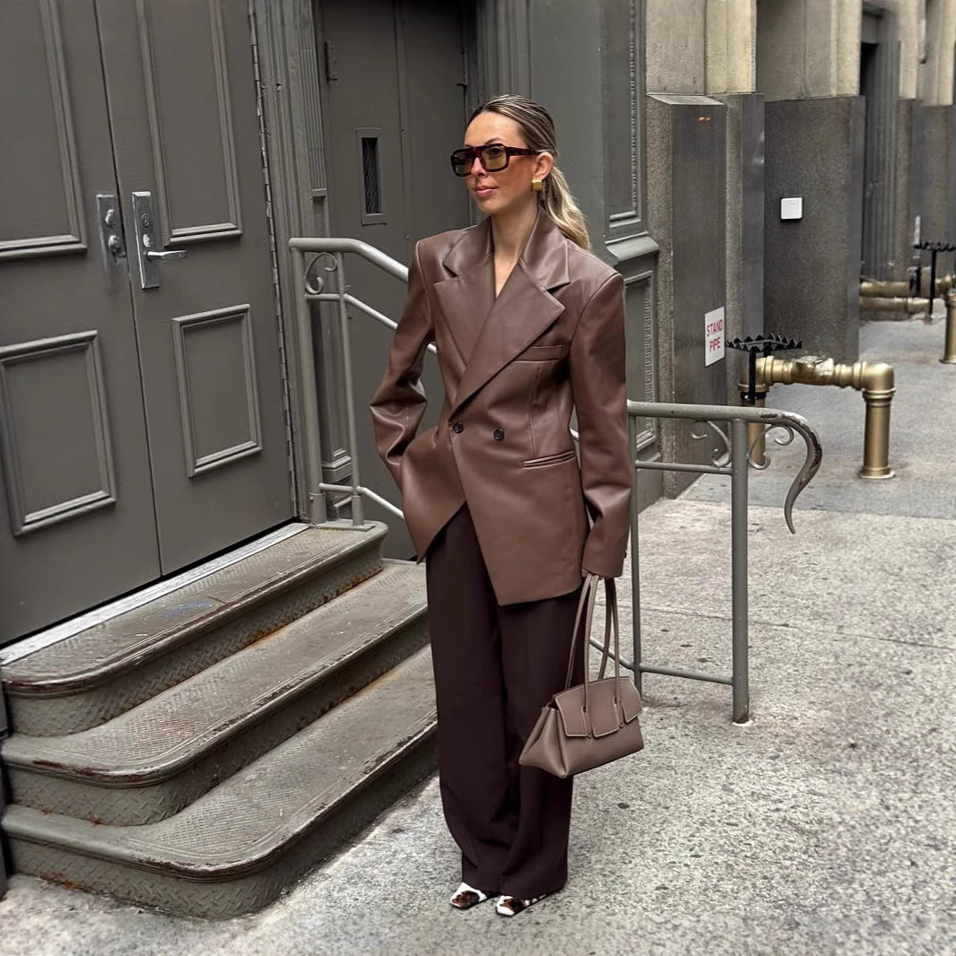 Damen stilvolle Kunstlederblazerjacke mit oversized Schnitt Drune