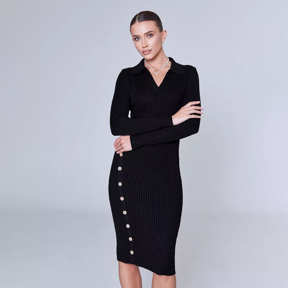 Damen Strickkleid mit elegantem V-Ausschnitt und Knopfdetails Drune