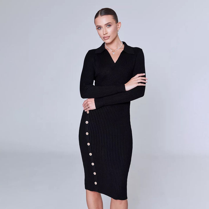 Damen Strickkleid mit Knopfdetails und elegantem V-Ausschnitt Drune