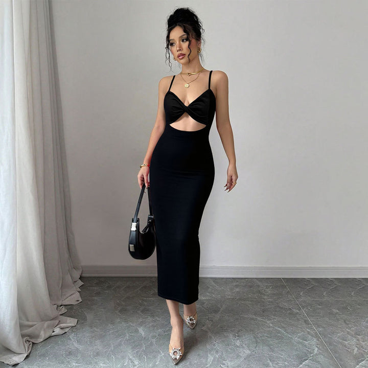 Damen figurbetontes Midi-Kleid mit elegantem Cut-Out und feinen Spaghettiträgern Drune