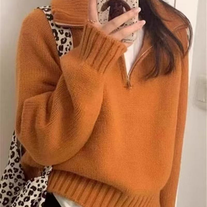 Damen Modischer Strickpullover mit hohem Kragen und Reißverschluss Drune