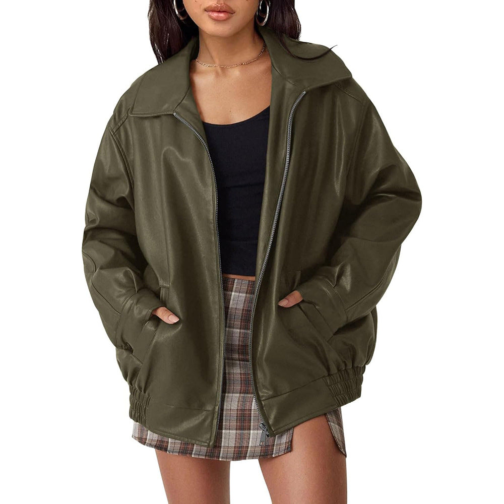 Damen lässige Kunstlederjacke mit weitem Schnitt und praktischen Taschen Drune