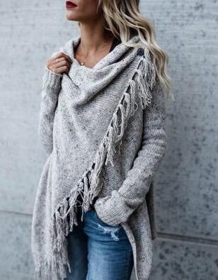 Damen gemütlicher Poncho mit Fransen Drune